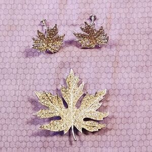 Vintage‎ 1980s Rhinestone Leaf Earrings and Pin Set